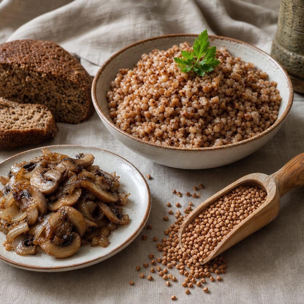 Cooked buckwheat groats with mushrooms and onions, uncooked groats, and rye bread
