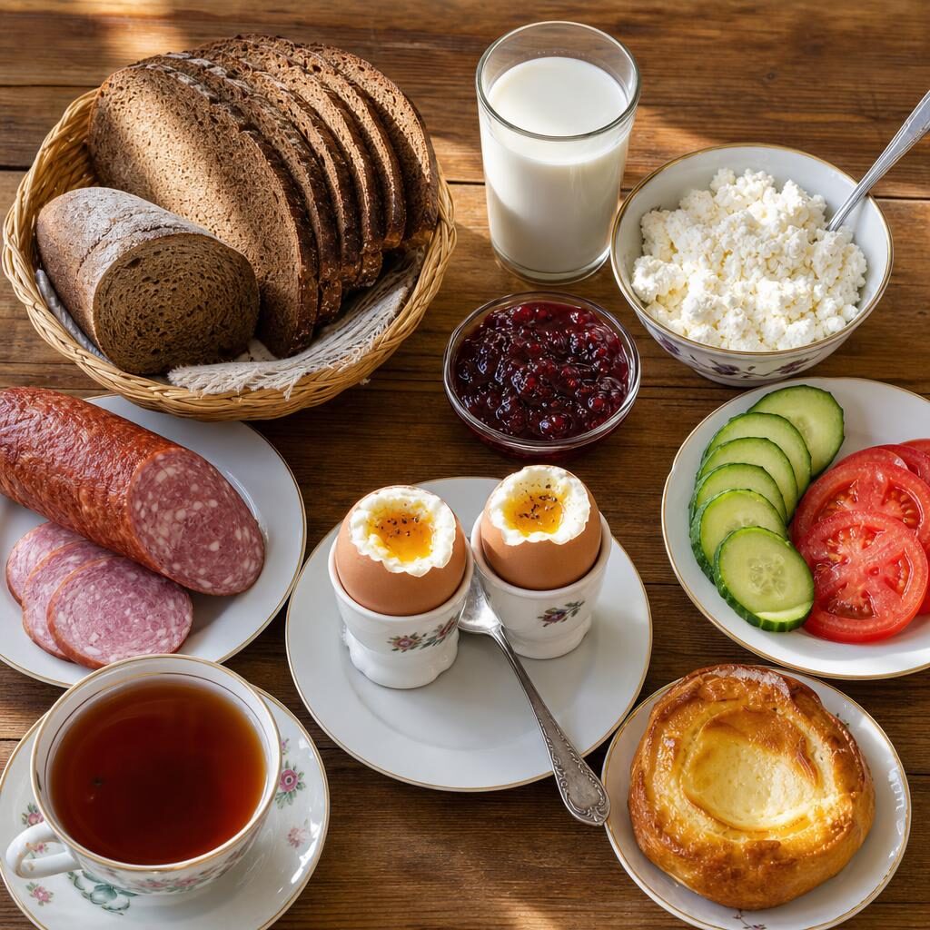 European breakfast with rye bread, farmer's cheese, kefir, jam, vegetables, eggs, sausage, tea, and pastry