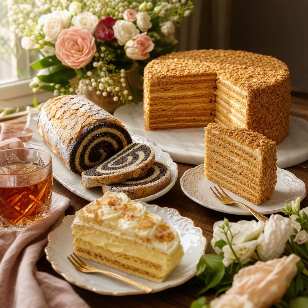 European celebration desserts including layered honey cake, poppy seed roll, and cream pastry