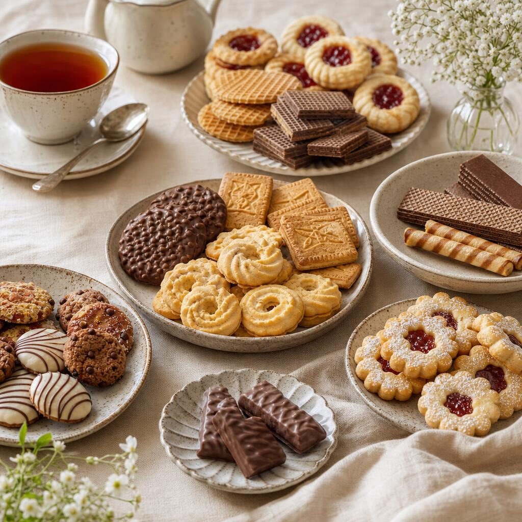 European butter cookies, jam-filled biscuits, chocolate wafers, and tea on ceramic plates