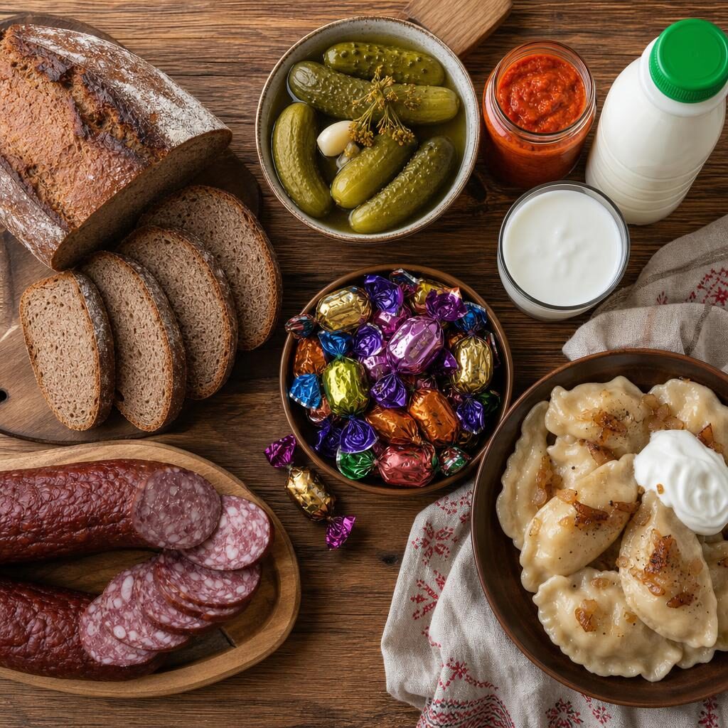 European grocery spread with rye bread, pickles, ajvar, kefir, chocolates, sausage, and pierogi