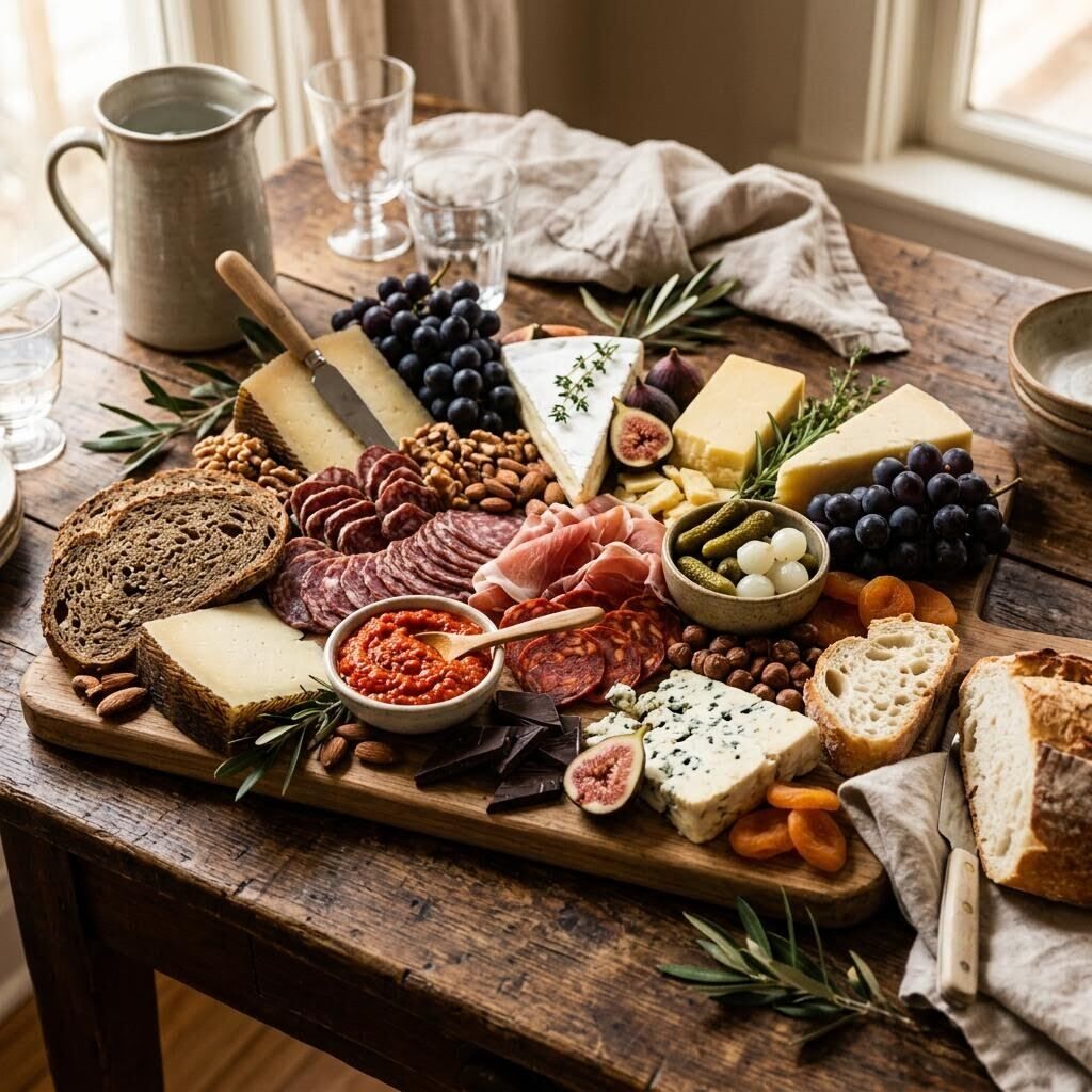 European grazing board with cured meats, cheeses, ajvar, pickles, and fresh bread