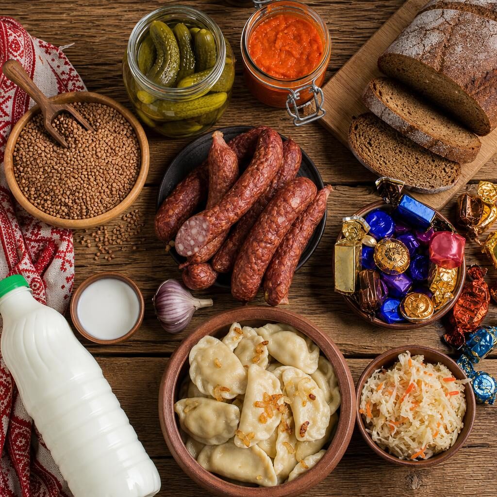 International European groceries with rye bread, pickles, ajvar, sausage, kefir, pierogi, and chocolates
