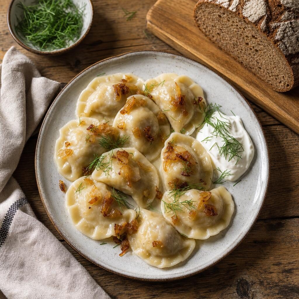 Pan-fried pierogi with sour cream, dill, fried onions, and rye bread
