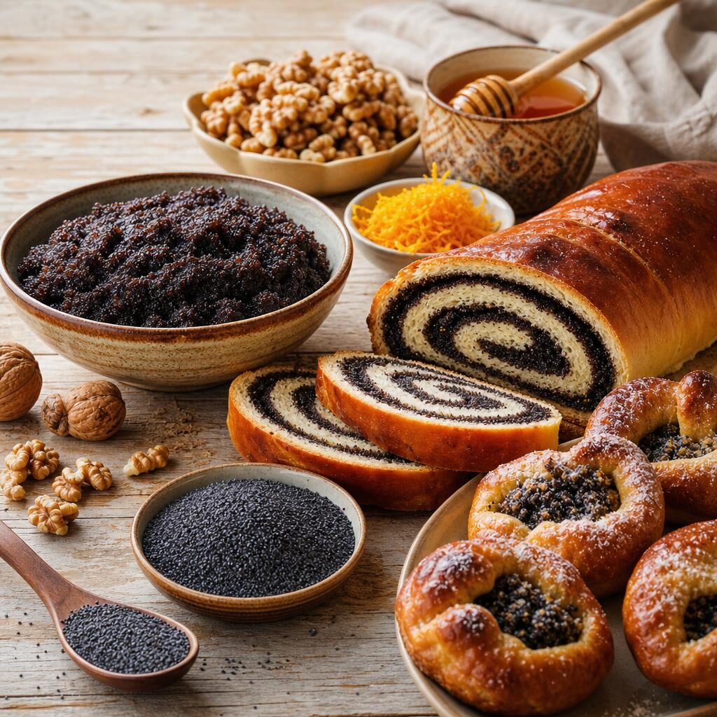 Poppy seed filling, whole poppy seeds, walnuts, honey, citrus, and sliced poppy seed roll