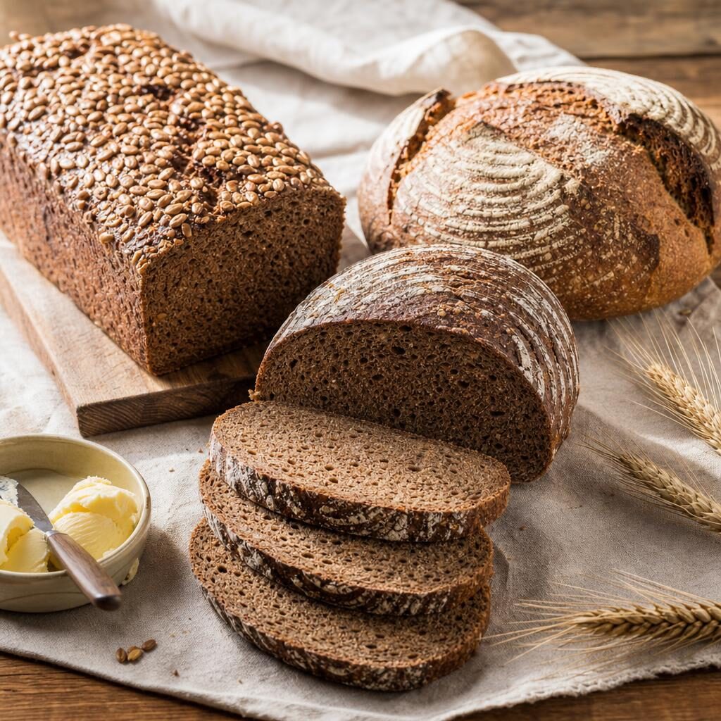 Assortment of dark, seeded, sliced, and round European rye breads on a wooden table