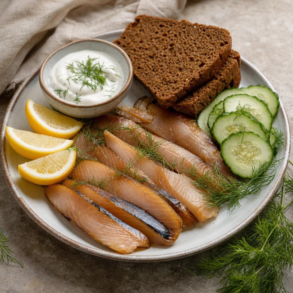 Smoked fish with lemon, dill, cucumber, sour cream, and slices of rye bread