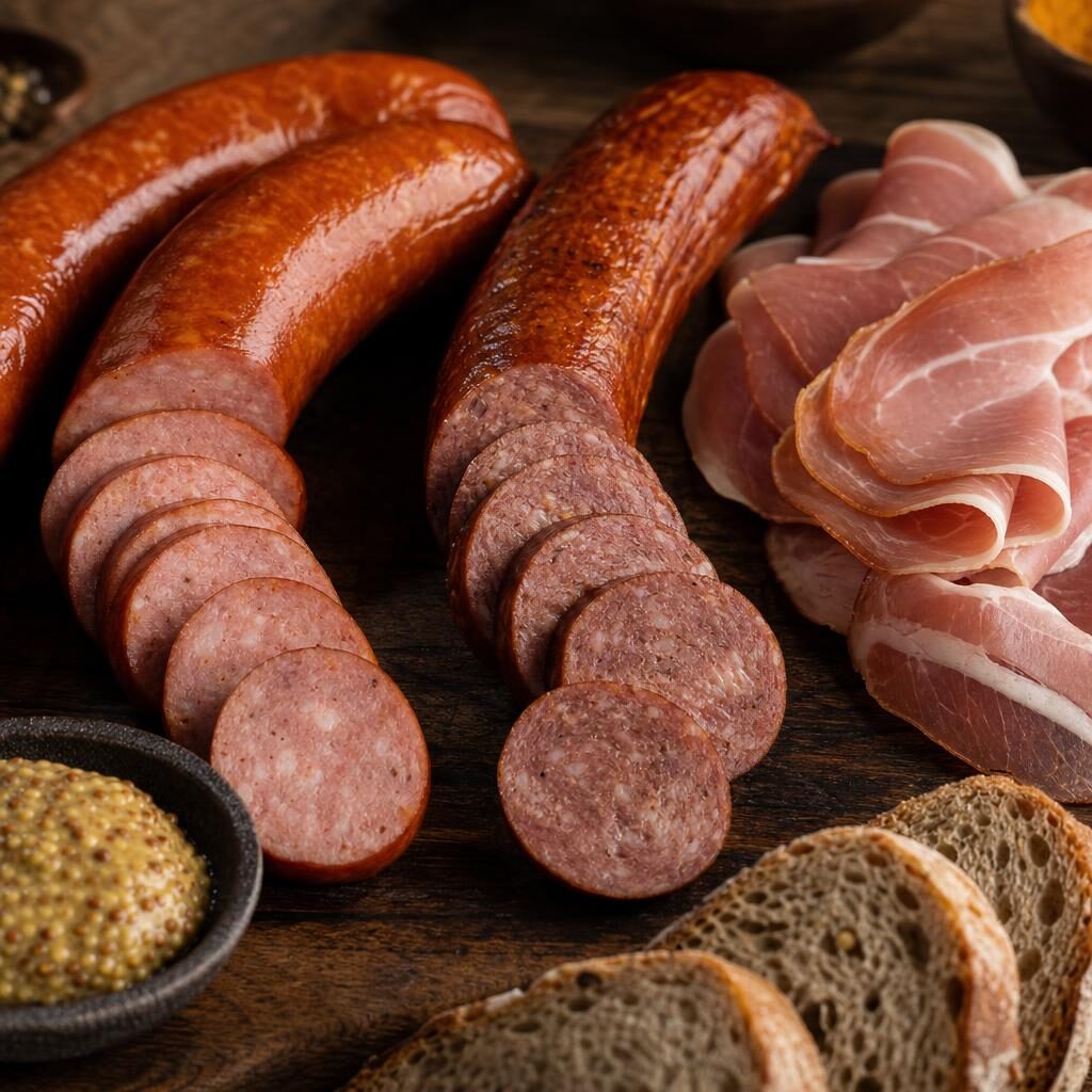 Sliced kielbasa, hunter's sausage, and cured ham on a cutting board with mustard and rye bread